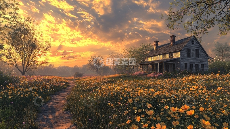 高清大图下载【趣麦麦图】黄昏田园房屋风景画