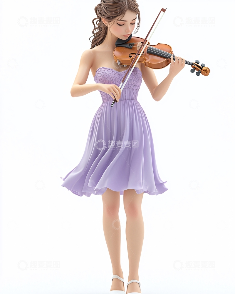 高清大图下载【趣麦麦图】穿着连衣裙的女孩拉小提琴