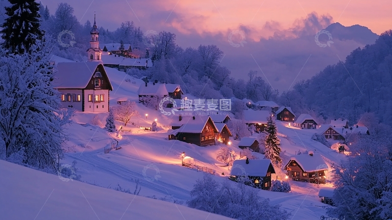 高清大图下载【趣麦麦图】雪夜山村