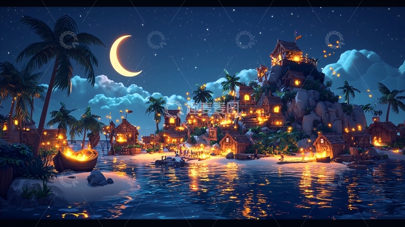 高清大图下载【趣麦麦图】夜晚海滩热带村庄