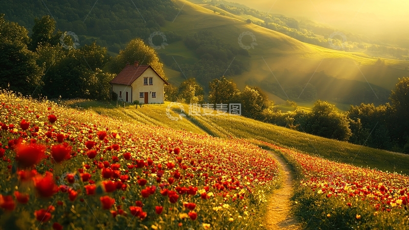 高清大图下载【趣麦麦图】山坡上的红色罂粟花田