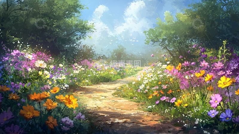 高清大图下载【趣麦麦图】春意盎然的鲜花小路