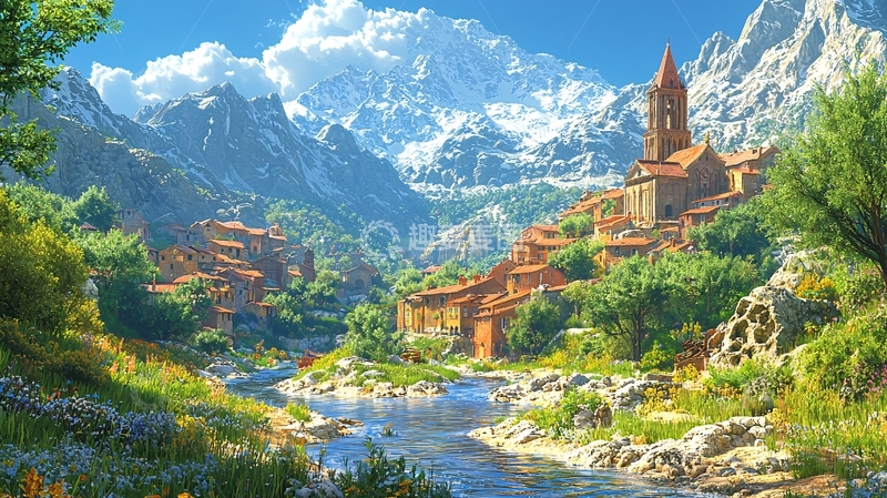 高清大图下载【趣麦麦图】山脉河流中的小镇