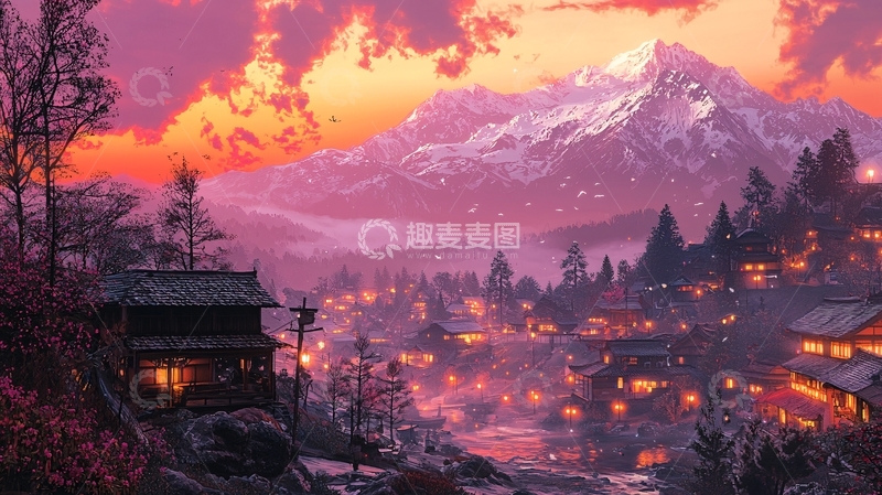 高清大图下载【趣麦麦图】雪山日落下的村庄