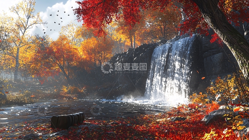 高清大图下载【趣麦麦图】秋日瀑布森林景色