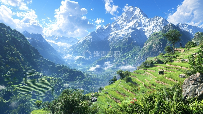 高清大图下载【趣麦麦图】雪山环绕的梯田风光