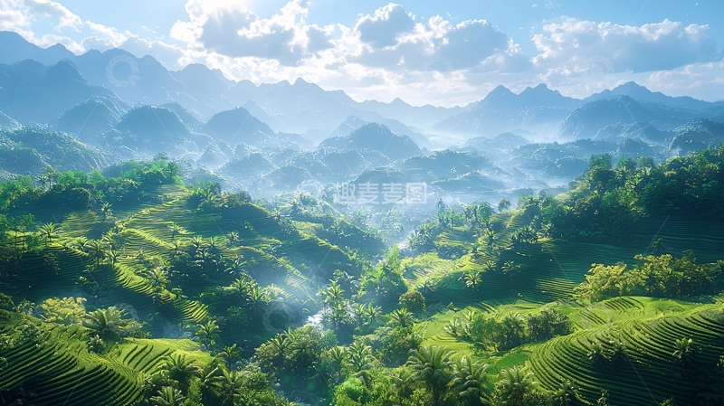 高清大图下载【趣麦麦图】阳光下的绿色梯田山峦