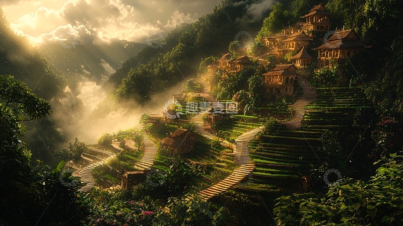 高清大图下载【趣麦麦图】山间云雾缭绕的村庄