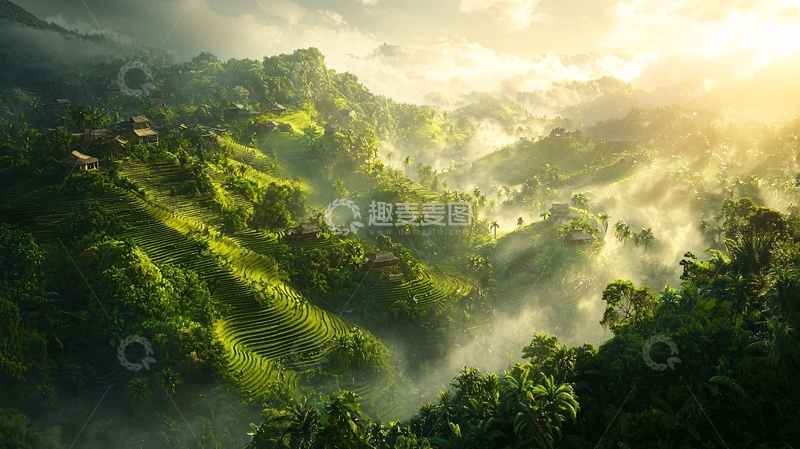 高清大图下载【趣麦麦图】云雾缭绕的山峦梯田