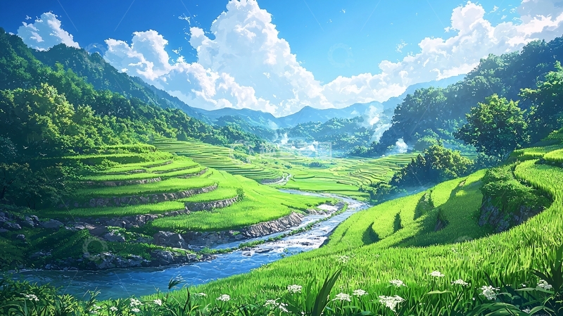 高清大图下载【趣麦麦图】绿意盎然的梯田山谷