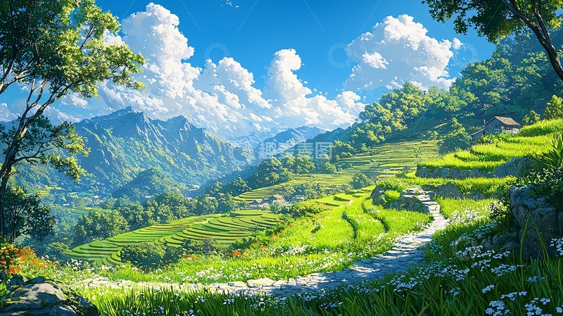 高清大图下载【趣麦麦图】阳光明媚的山区梯田风景
