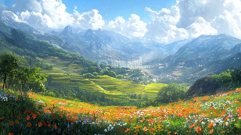 高清大图下载【趣麦麦图】山谷鲜花田园风光