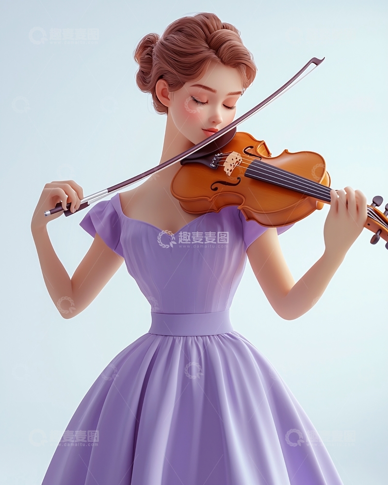 高清大图下载【趣麦麦图】紫色长裙拉小提琴的女孩