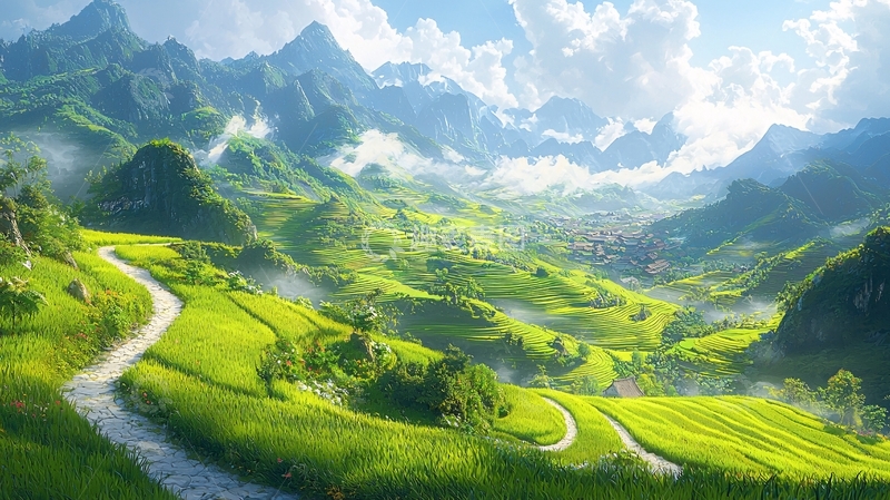 高清大图下载【趣麦麦图】山峦叠嶂的绿色田园风光