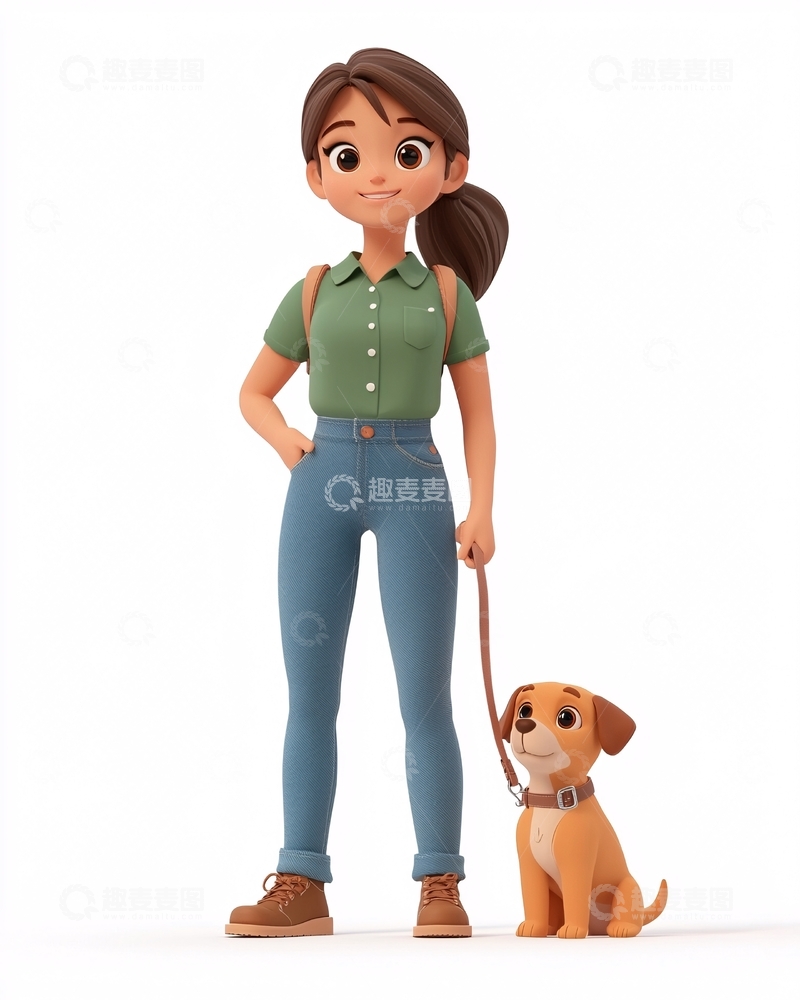 高清大图下载【趣麦麦图】卡通女孩遛狗