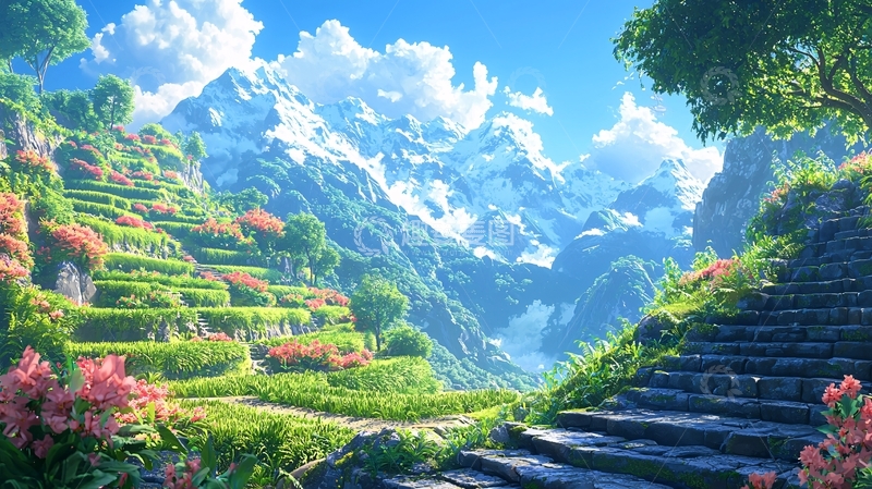 高清大图下载【趣麦麦图】雪山梯田风景