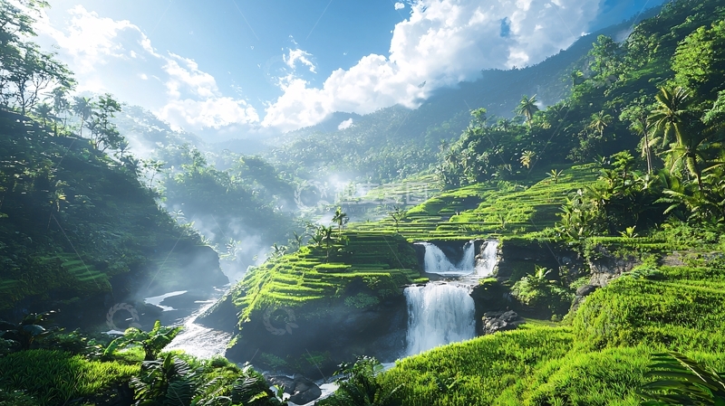高清大图下载【趣麦麦图】阳光下的梯田瀑布