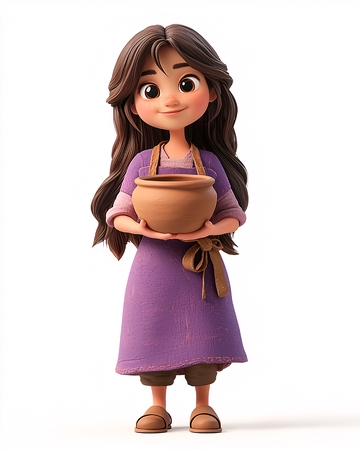 可爱卡通女孩捧着陶罐