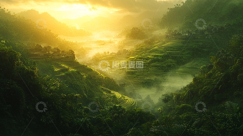 高清大图下载【趣麦麦图】清晨山谷金光