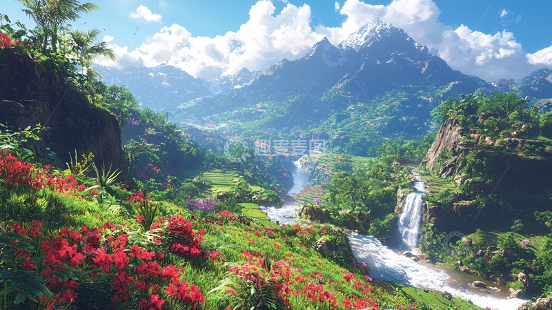高清大图下载【趣麦麦图】梦幻山谷瀑布风景