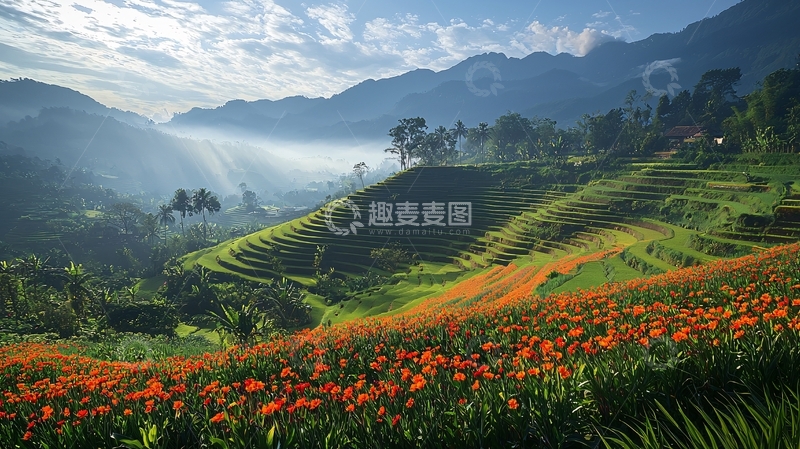 高清大图下载【趣麦麦图】阳光下的梯田花海