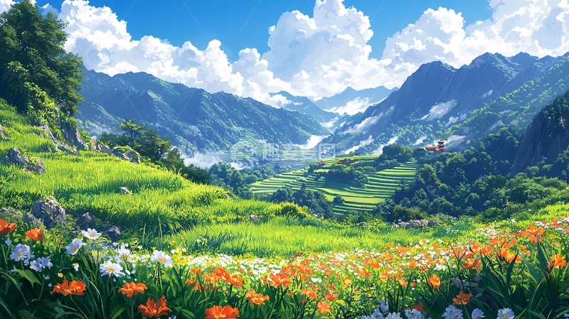 高清大图下载【趣麦麦图】阳光明媚的山谷田园风光