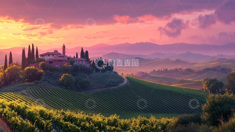 高清大图下载【趣麦麦图】托斯卡纳日出田园风光