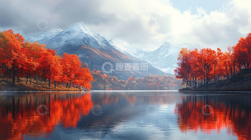 高清大图下载【趣麦麦图】秋日湖泊雪山红叶倒影