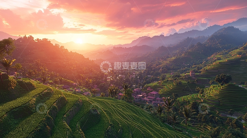 高清大图下载【趣麦麦图】日落山谷梯田风光