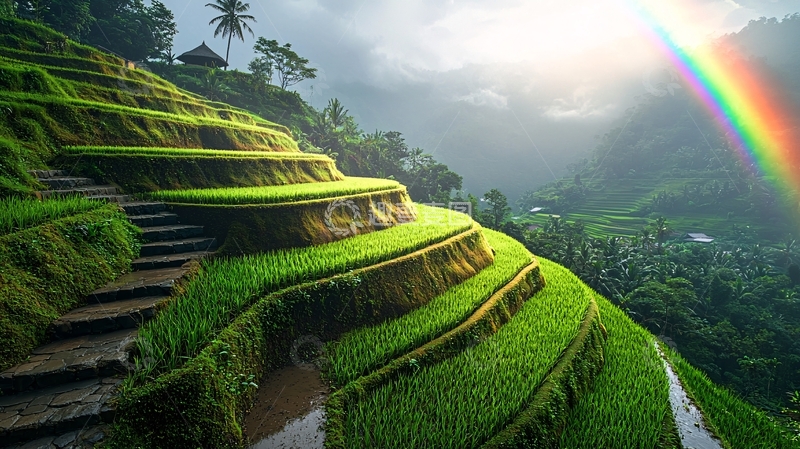 高清大图下载【趣麦麦图】梯田彩虹风景