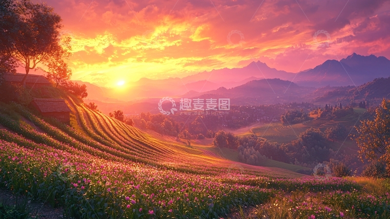 高清大图下载【趣麦麦图】日出山峦梯田花海