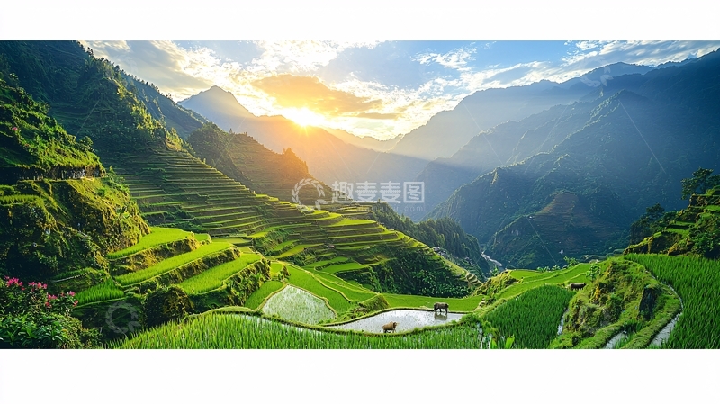 高清大图下载【趣麦麦图】日出山峦梯田景色