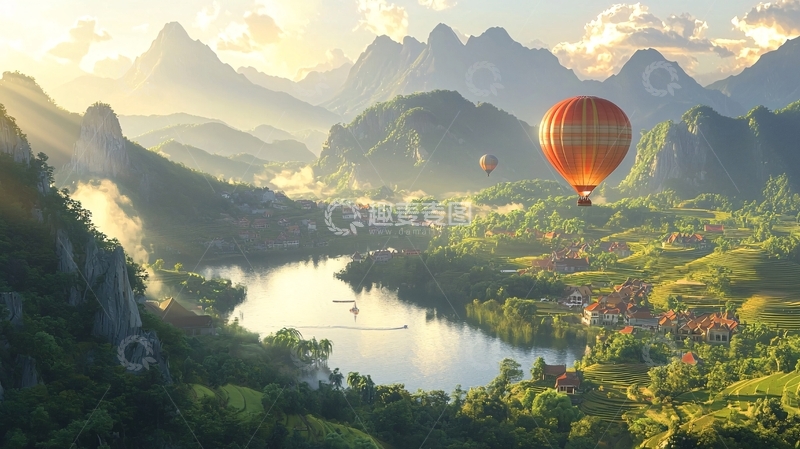 高清大图下载【趣麦麦图】热气球山谷风景