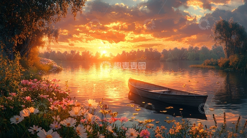 高清大图下载【趣麦麦图】夕阳西下湖边小舟