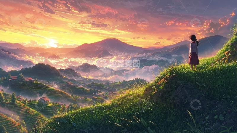 高清大图下载【趣麦麦图】山顶女孩日落美景