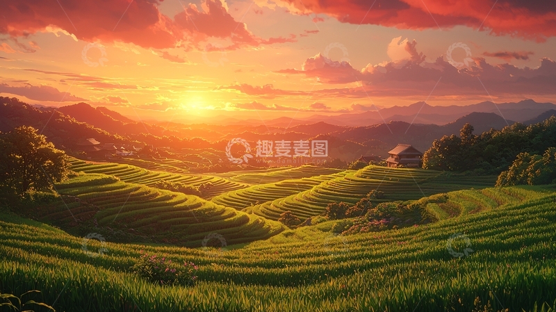 高清大图下载【趣麦麦图】夕阳下的梯田风光