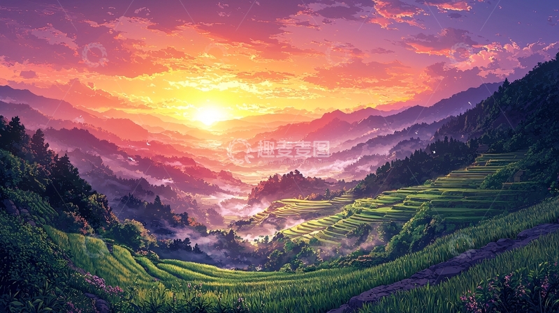 高清大图下载【趣麦麦图】日出山峦梯田美景