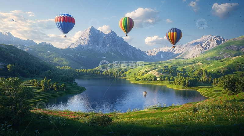 高清大图下载【趣麦麦图】热气球飞跃山峦湖泊