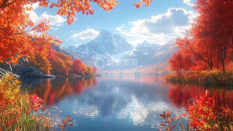 高清大图下载【趣麦麦图】秋日红叶湖光山色