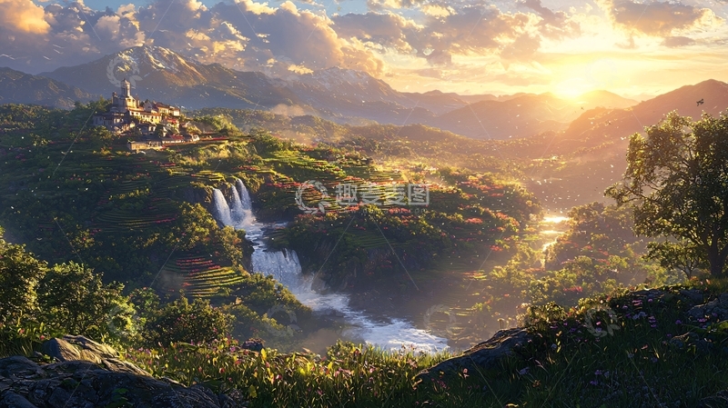 高清大图下载【趣麦麦图】山峦瀑布夕阳下的梦幻仙境
