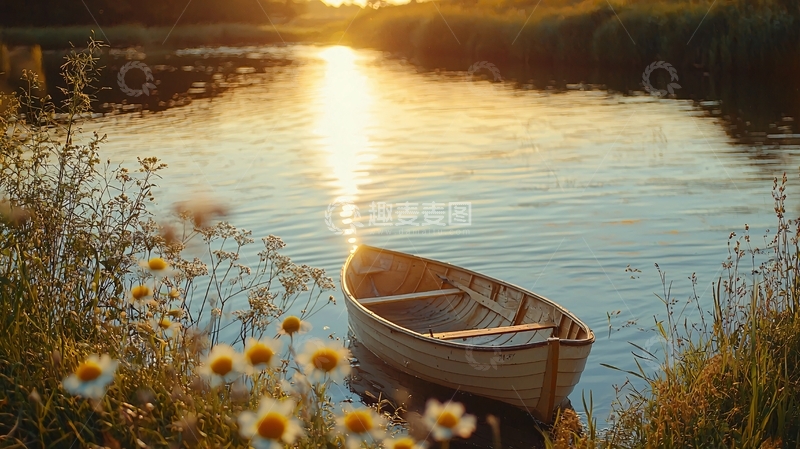 高清大图下载【趣麦麦图】夕阳西下河边小船