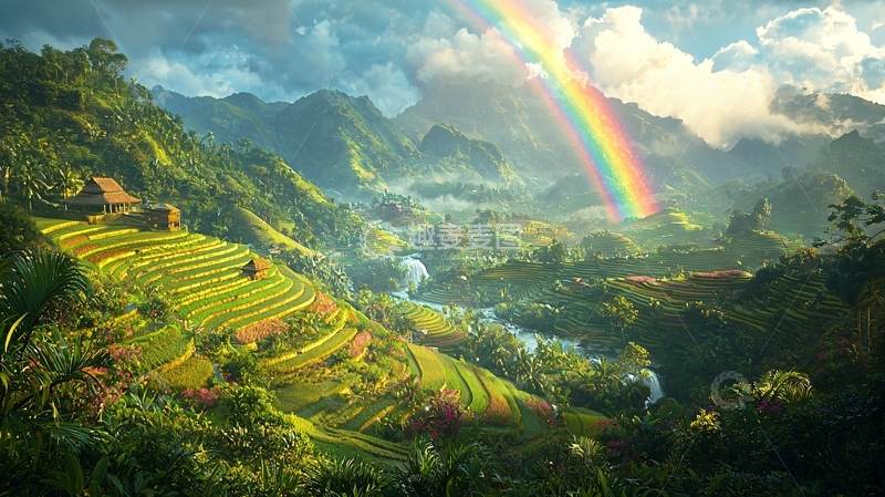 高清大图下载【趣麦麦图】彩虹下的梯田