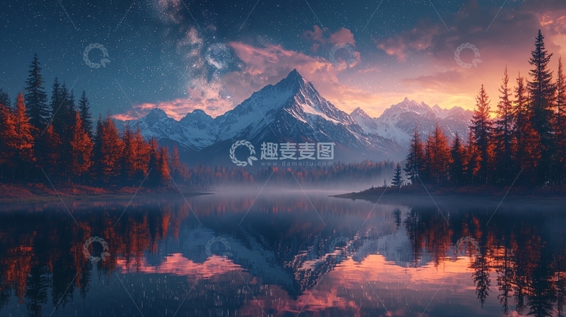 高清大图下载【趣麦麦图】极光下的雪山湖泊倒影