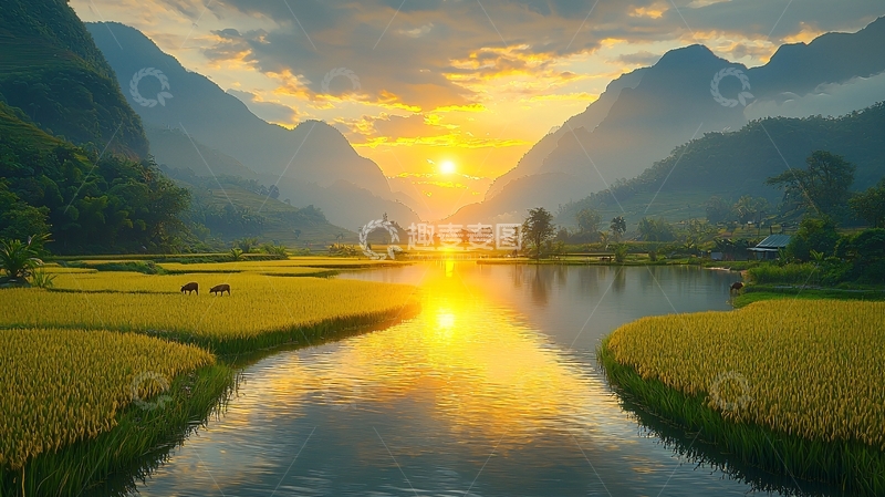 高清大图下载【趣麦麦图】山间日落稻田美景