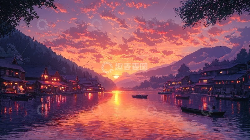 高清大图下载【趣麦麦图】山水夕阳下的村庄