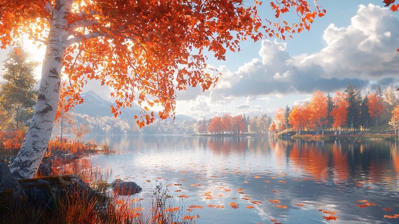 高清大图下载【趣麦麦图】秋日湖边白桦树