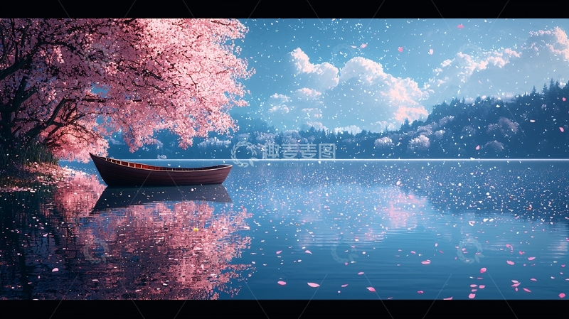 高清大图下载【趣麦麦图】唯美樱花湖边小船