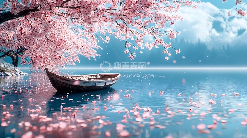 高清大图下载【趣麦麦图】唯美樱花湖边小船