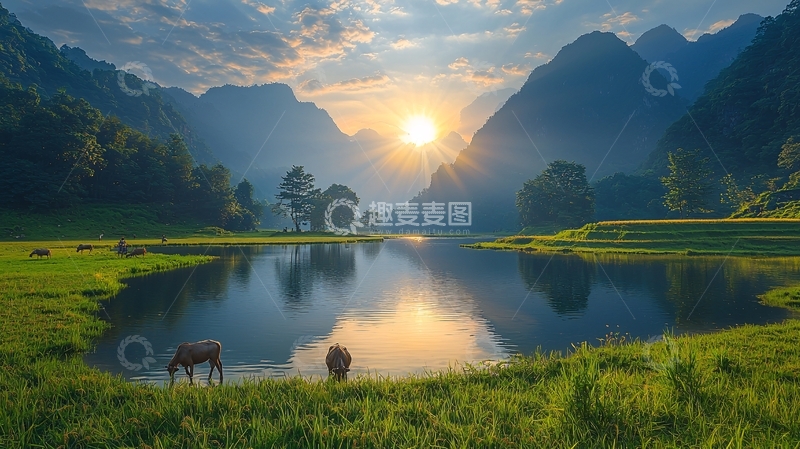 高清大图下载【趣麦麦图】山间湖泊日出美景