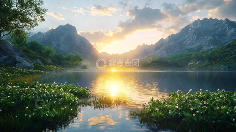 高清大图下载【趣麦麦图】山脉湖泊日出景色